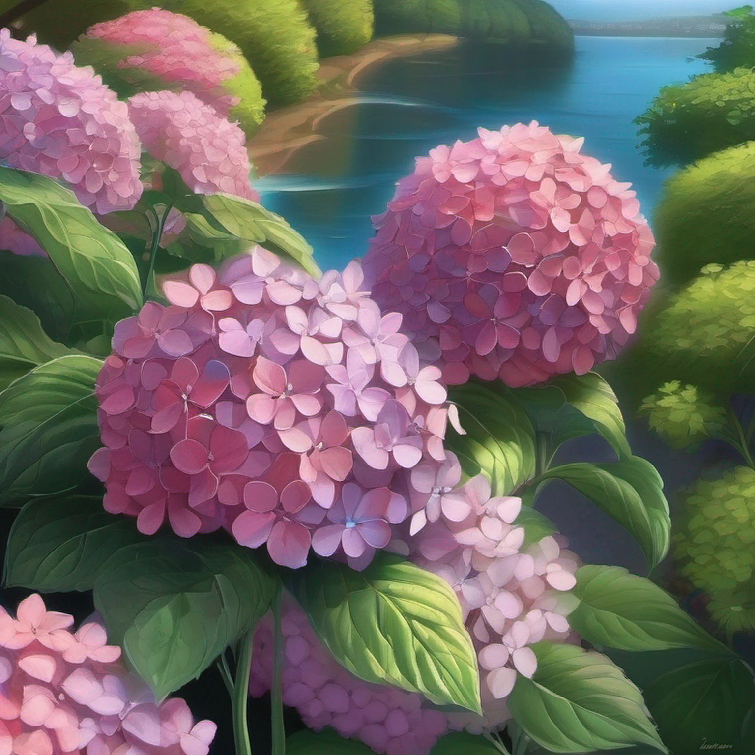 hydrangeas, parque, lago, pequenas colinas, caminho de seixos,Anime peito grande, master part, best quality, anatomicamente correto, Detalhes altos, 8k, O papel de parede