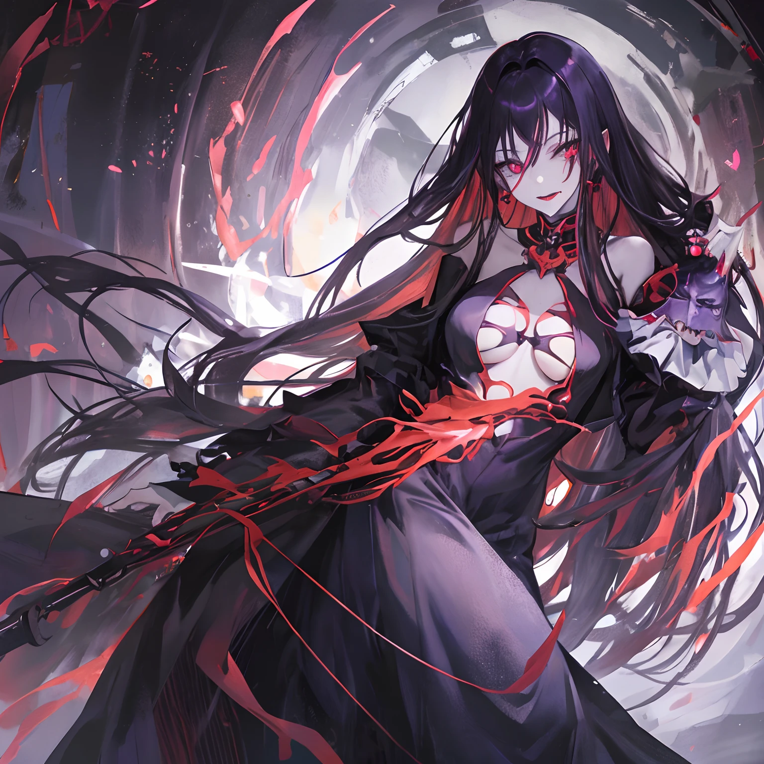 Woman, long dark purple hair, red eyes with a bright light, black long open dress, witch, silver jewelry in the shape of ribs, metal mask on half of the face, black lipstick