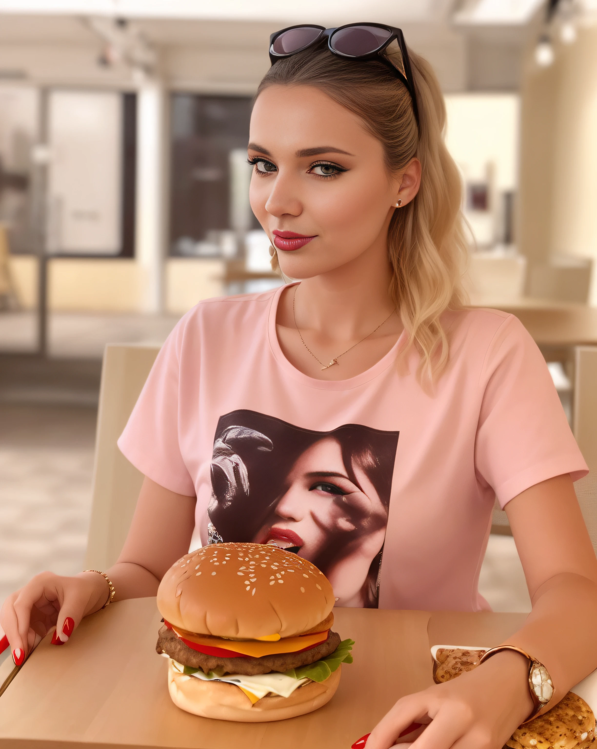 A woman Araffe sits at a table with a hamburger in front of her, anna nikonova aka newmilky, Burger Face, Burger with human eyes, hamburger, Eating burgers, aleksandra waliszewska, profile image, hamburger, The style of Yulia Razumova, yelena belova, Eating a burger, Burger with a human mouth