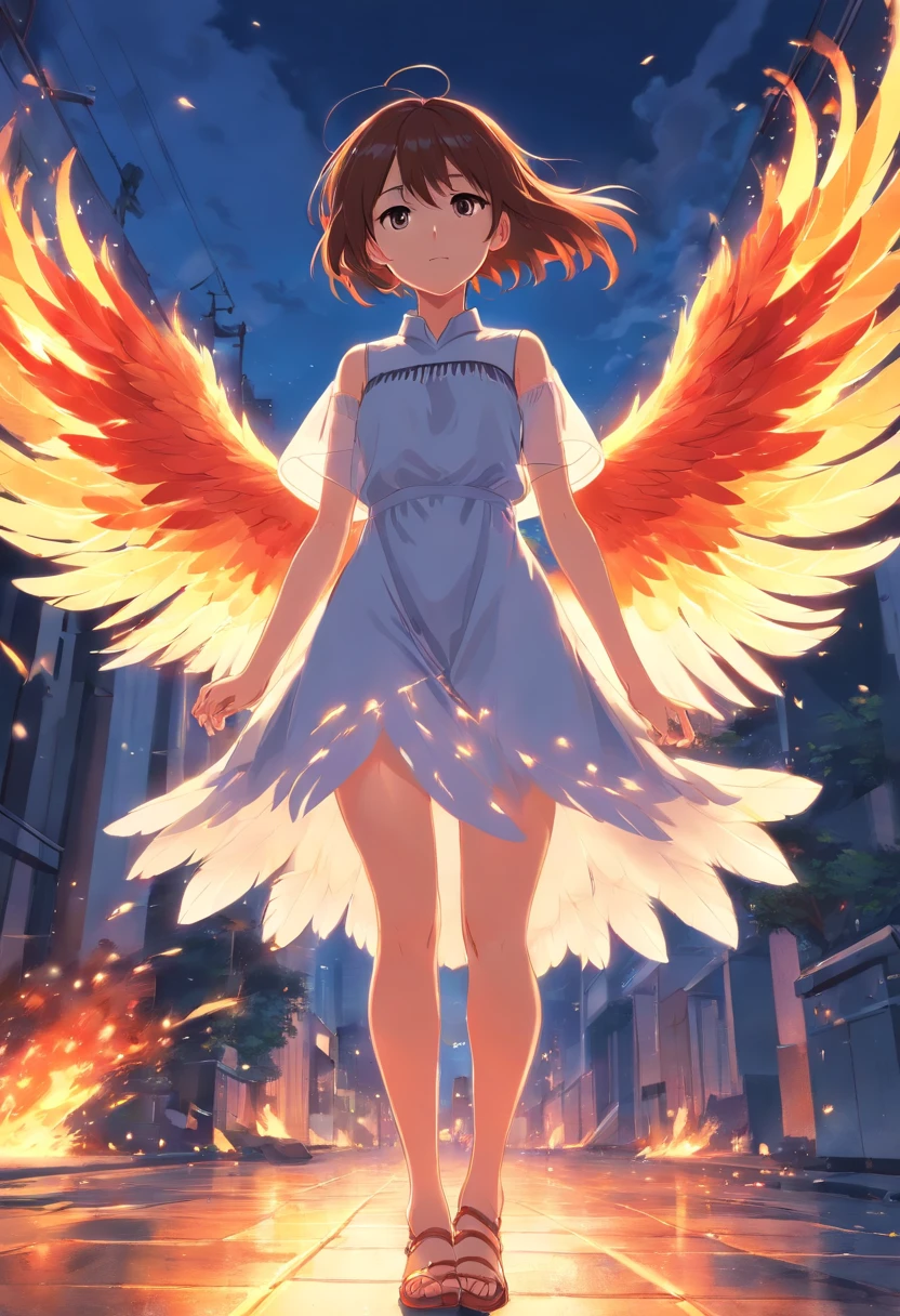A girl 25 years, white feather dress, 6 Fire Wings, Commands with fire