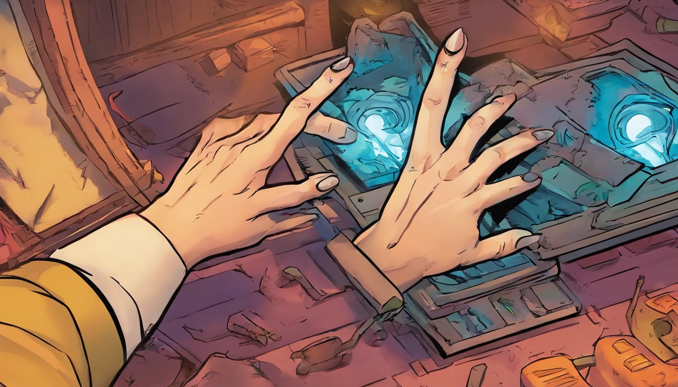 Max's hand reaching out to pick up the mysterious glowing device, highlighting the moment of discovery