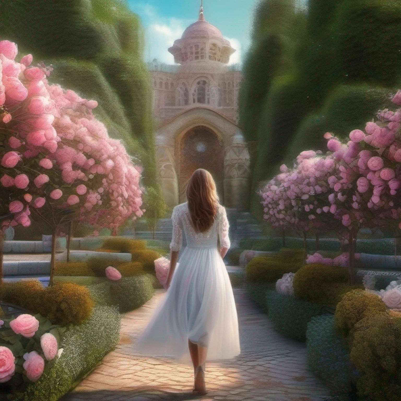 a girl, jardim de flores de rosas , caminho de seixos, master part, best quality, anatomicamente correto, Detalhes altos, 8k, O papel de parede, afastar