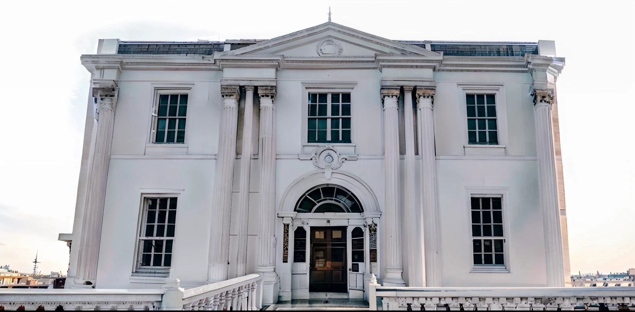 There is a white building with a clock in front, foto frontal, 1811, Neoclassical Police Station, 1 8 2 7, 1 7 9 5, Entrada da Academia Privada, 1790, 1 8 2 6, 1647, 1759, 1 6 9 5, 1792, 1820