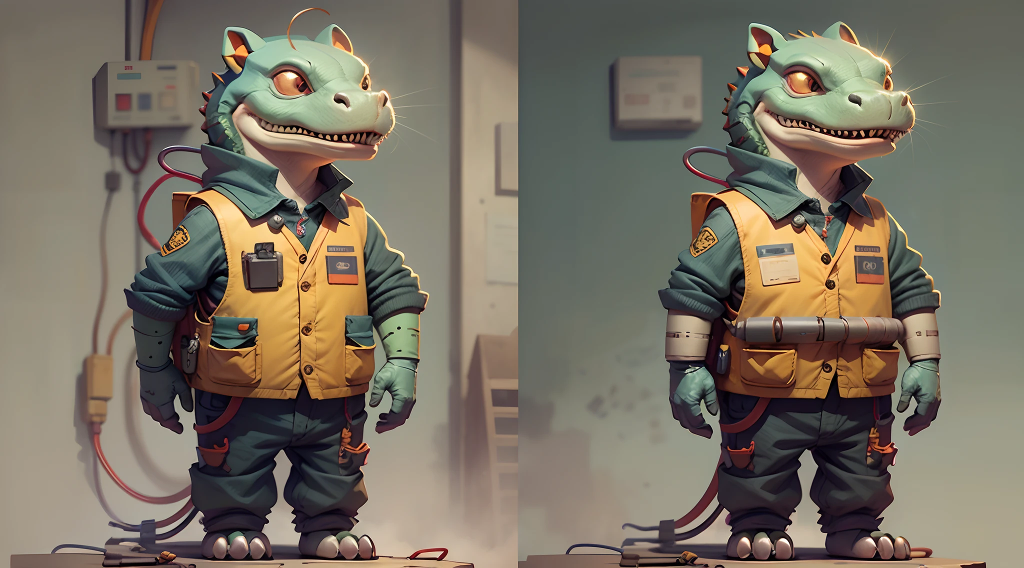 Standing on its hind legs Cheerful crocodile in electrician's work clothes, friendly looking, wearing equipment and a danger sign, close-up, character in Disney Pixar style, different angles, character sheet, white background --auto --s2