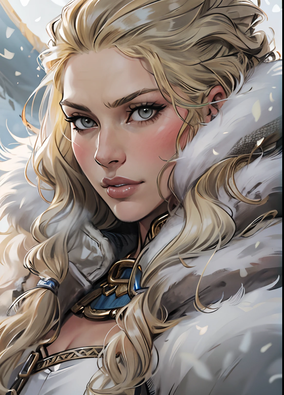 beautiful woman, viking warrior, fur cloak, armor, blonde hair, wavy hair, (closeup, portrait shot), (solo), realistic, depth of field