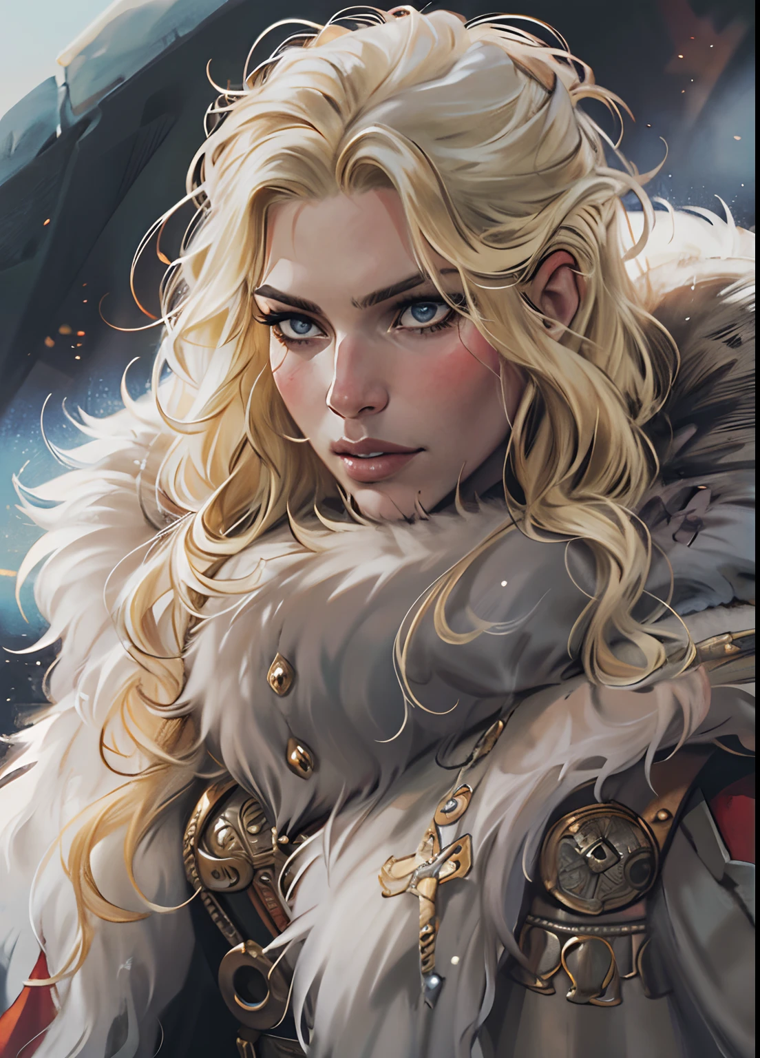 beautiful woman, viking warrior, fur cloak, armor, blonde hair, wavy hair, (closeup, portrait shot), (solo), realistic, depth of field