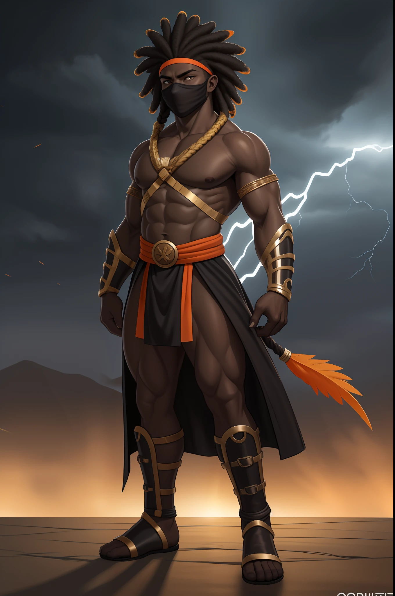 Create an image of a black ninja after an apocalypse in the future, afro cabelo caindo para frente, Rasta type but braided, corpo inteiro, vestindo um traje indiano ribulo africano corpo inteiro, A realistic 4K phoenix with blue orange feathers, dourado, cosmico , with a serious expression and looking forward, corpo inteiro.Olhos firmes, olhando para frente, Lightning in the sky, arms extended, olhando para frente, parado no topo de uma montanha, manto e capa vermelhos, cruz brilhante no ar
