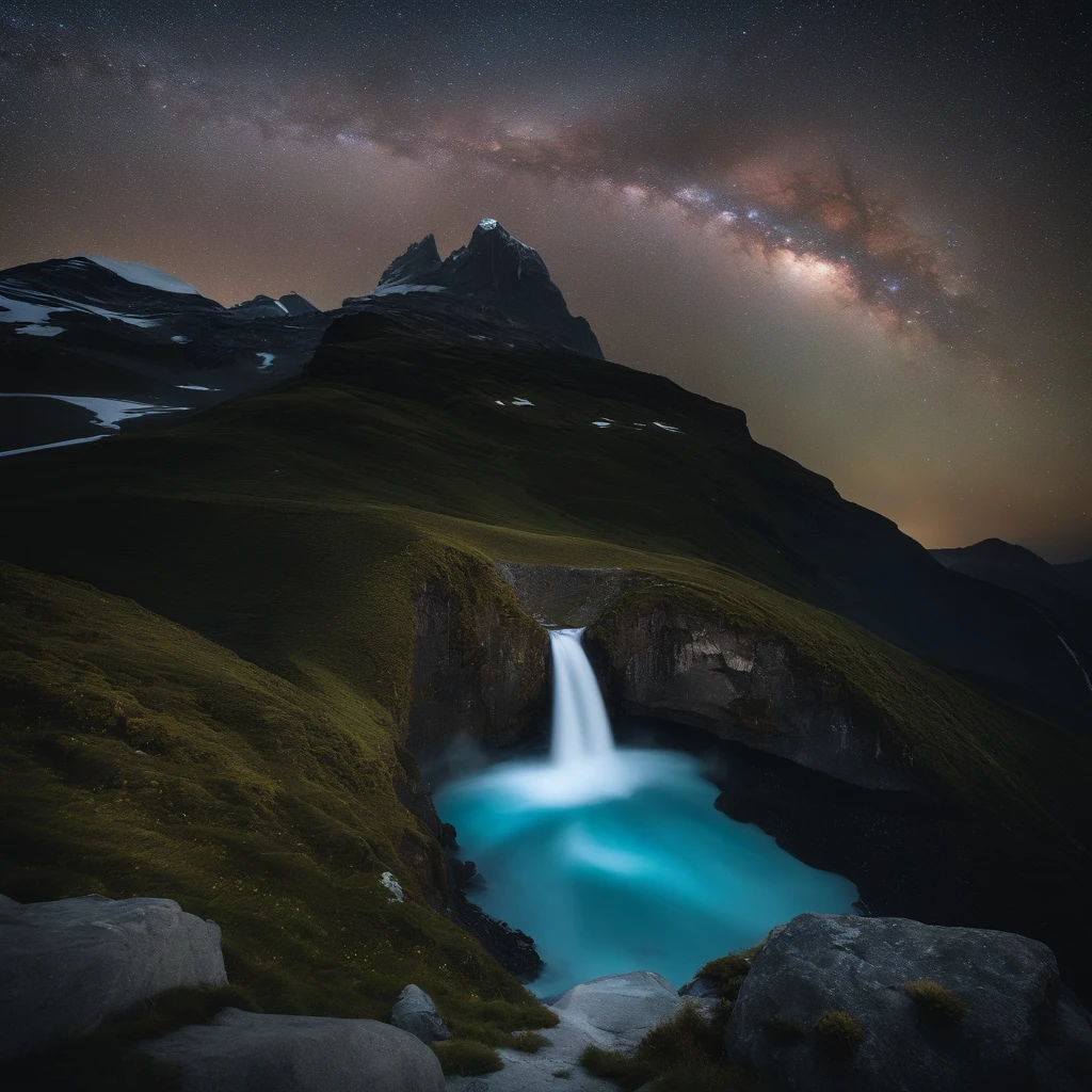 Master Parts、Superior Quality、superior image quality、The 8k quality、Beautiful pictures of the starry sky、magnifica、Arched Milky Way:1.9、Blue glacier、Aurora:1.9
