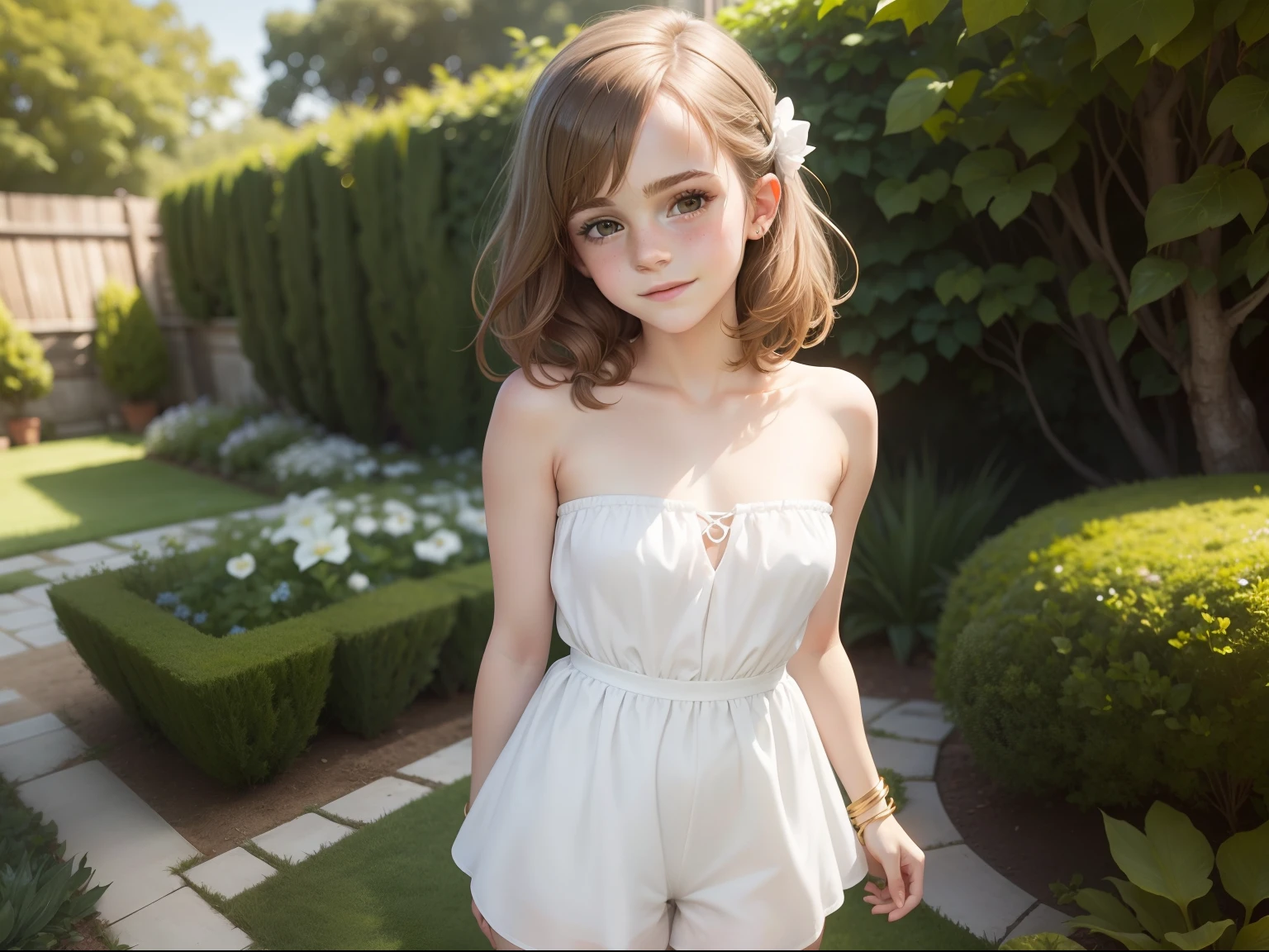 ten Emma Watson wearing a white strapless playsuit in the garden, small bust, small chest, cute smile, white head accessories, white bracelet.
