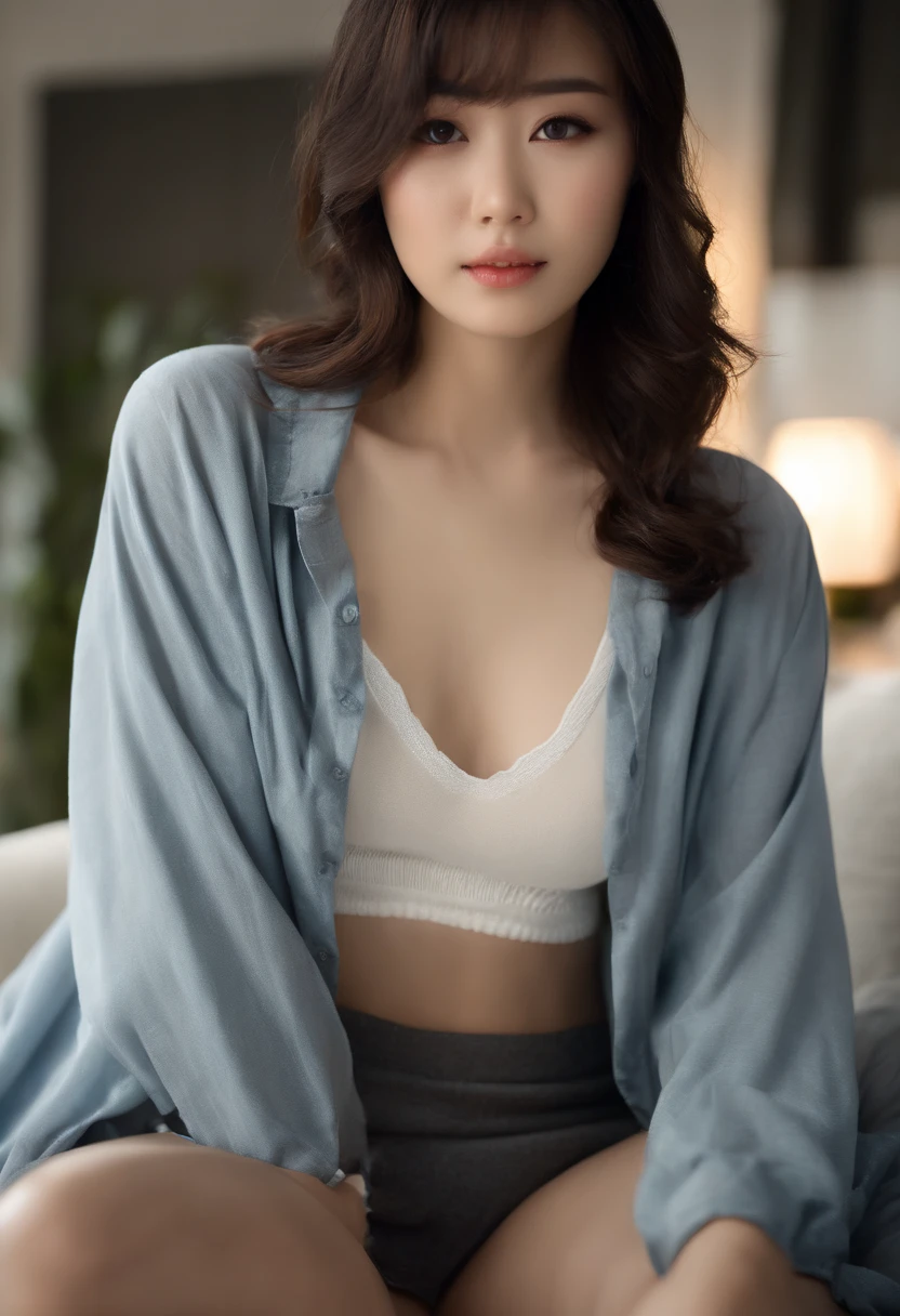 20yo Women, (Masterpiece: 1.4), (8K, Real, Raw Photo, Best Quality: 1.4), Japan Person, (1 Girl), Beautiful Face, (Real Face: 1.4), (Caramel Hair, Long Hair: 1.3), Hairstyle, Realistic Blue Eyes, Beautiful Detail Eyes, (Real Skin: 1.3), Beautiful Skin, Attractive, Ultra High Resolution, Ultra Realistic, High Definition, Golden Ratio, (Detailed Face: 1.4), ( Japanese Actor: Haruna Kawaguchi), Wet and sheer tank top,,,,,、 short black hair, wet and sheer white see-through panties, NSFW, big, big butt emphasis, nipple areola shape clear, looking at camera, sitting on the sofa, pubic shape is transparent and clear, drenched in sweat, pose (bend knees and legs wide open)