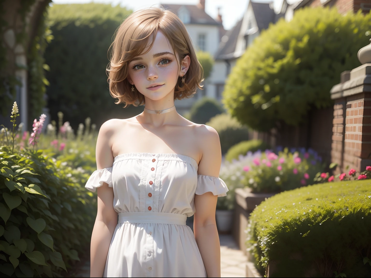 tween Emma Watson wearing a white strapless playsuit in the garden, small bust, small chest, cute smile, white head accessories, white bracelet.