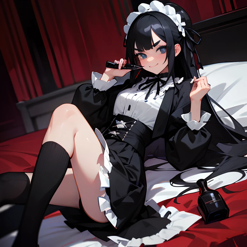 1 woman, Cool, masculine, Cross-dressing, Gothic clothes, Gothic, Onepiece, knee high socks, Black socks, Skirt, Black clothes, white frills, Black hair, Long hair, Thick eyebrows, Sake, Head dress, Black lips , lots of ruffles、A smile、alcohol、Japan liquor bottle, large black ribbon behind the ears,,Lying on the bed