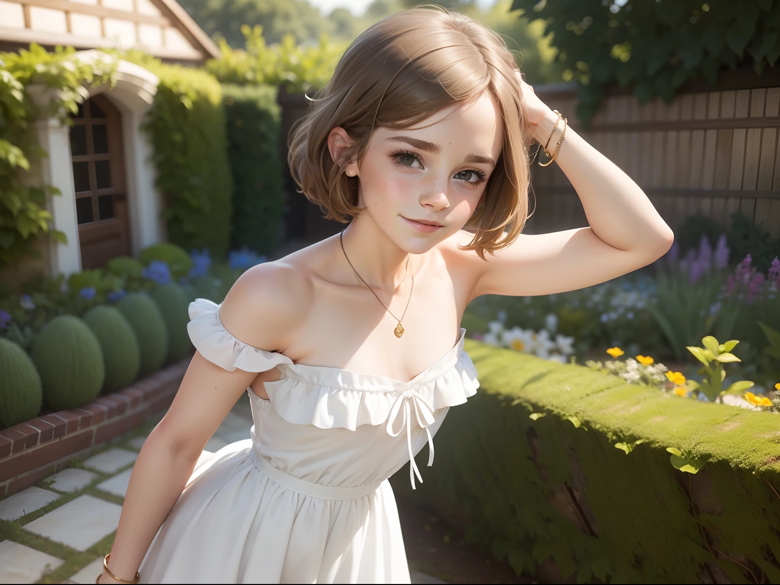 ten Emma Watson wearing a white strapless playsuit in the garden, small bust, small chest, cute smile, white head accessories, white bracelet.