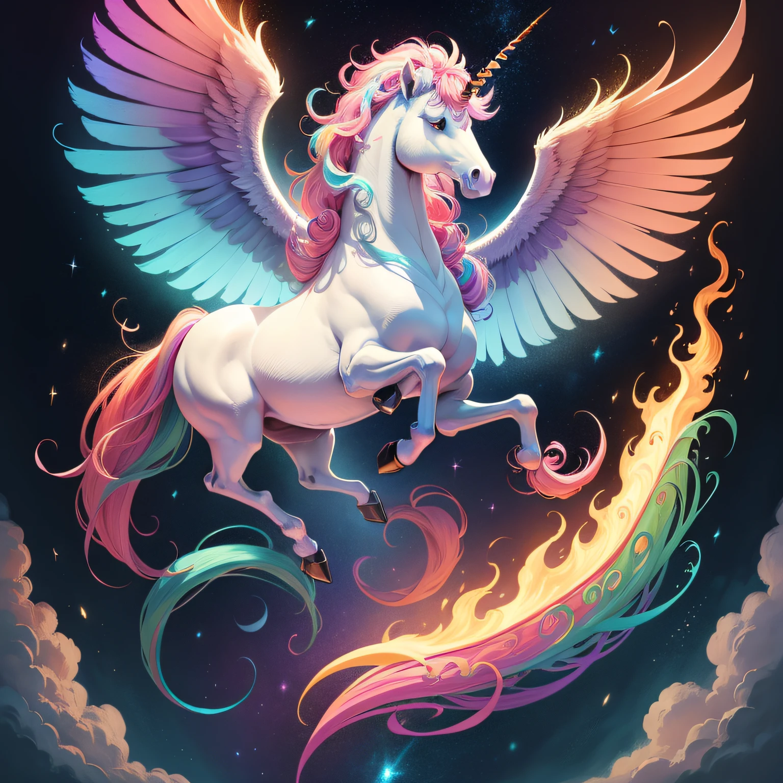 Drawing of a cute unicorn with a long mane and a colorful tail, flying mythical beasts, mythical whimsical creatures, a mythical creature, unicorn flying in the sky, Wings of Fire,  artwork of a phoenix, Pegasus