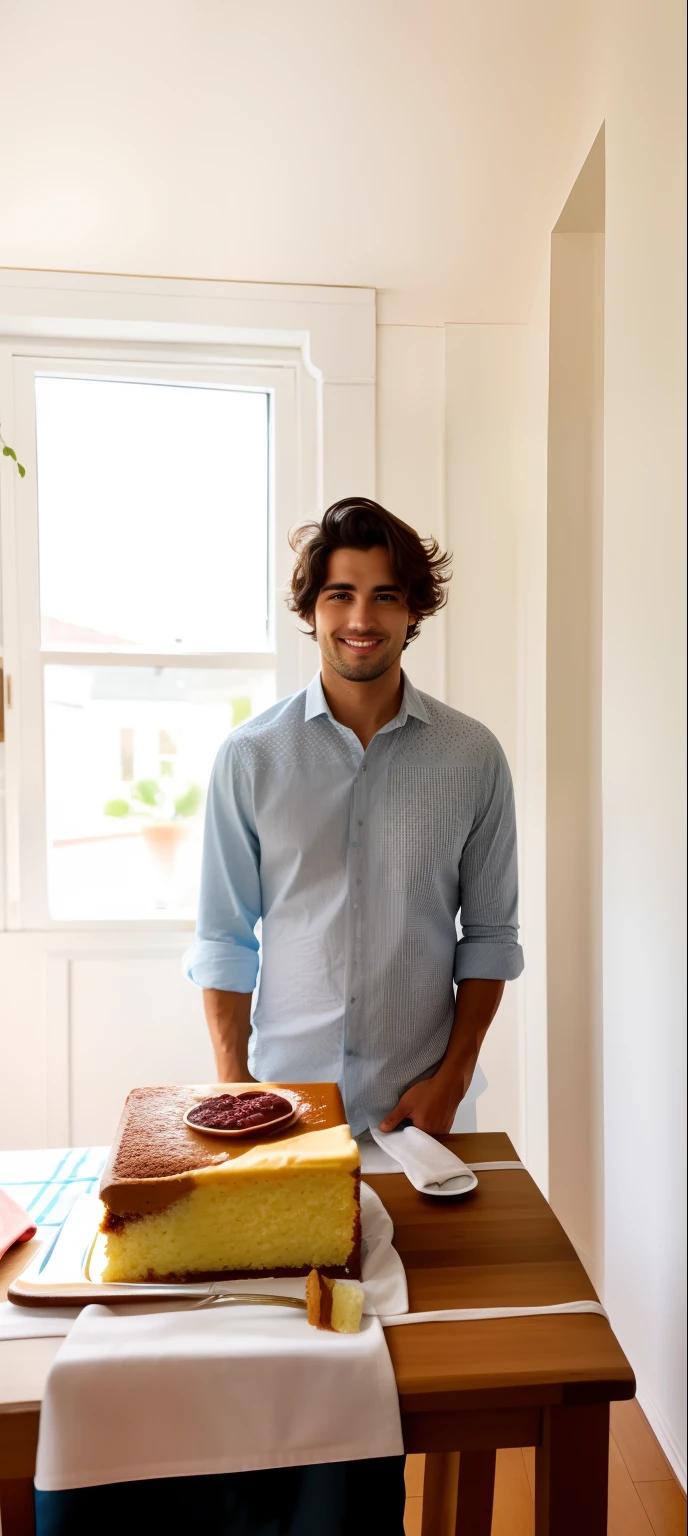 there is a man standing in front of a table with a cake Handsome boy