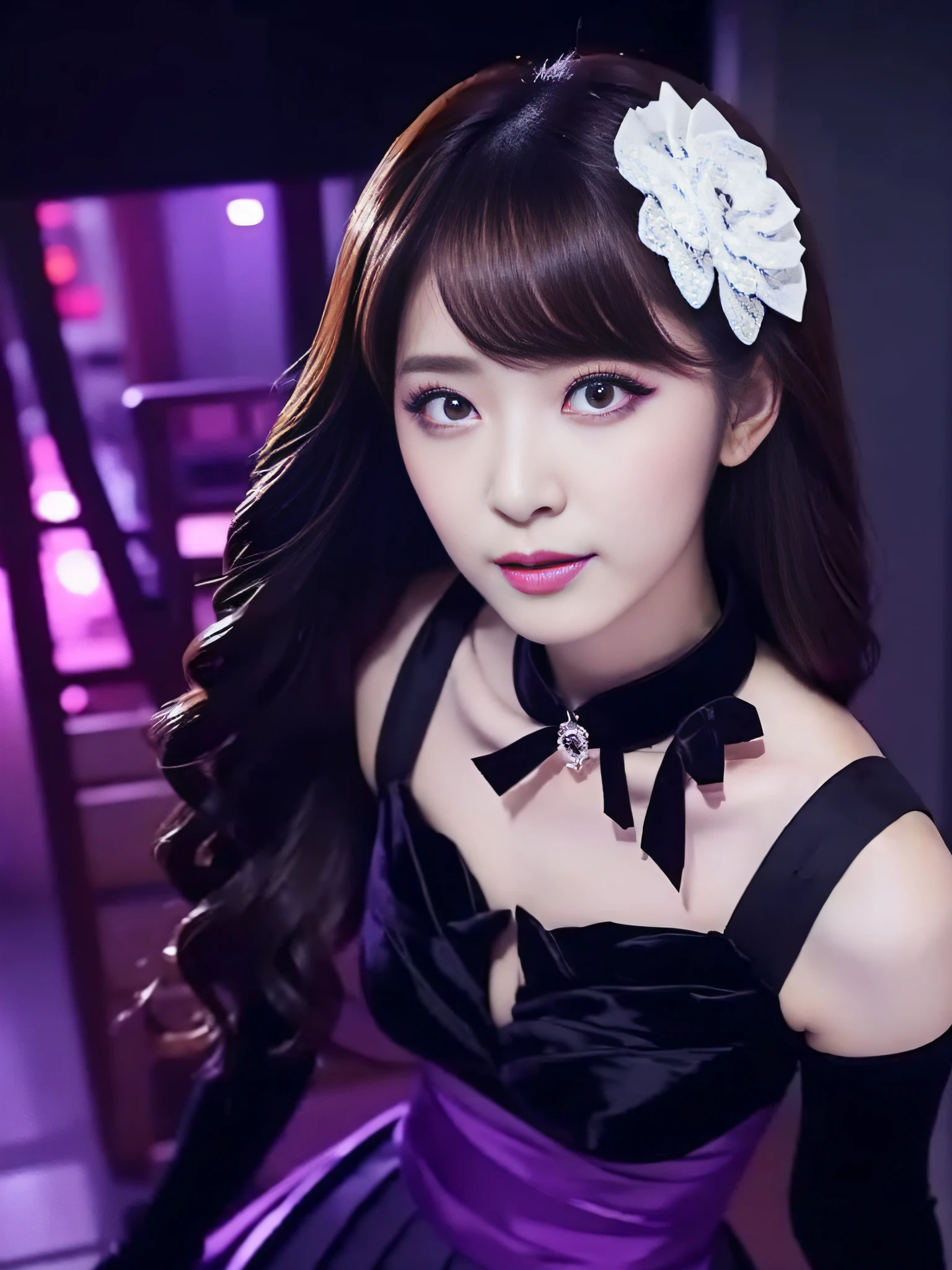 Charming Japanese style beauty、Brown hair、Evil Female Executive、Night city、Move ki、The Darkness、seductiv、brainwash、Retrofit equipment、Evil Fall、wicked、darkness、Purple Eyeshadow、black pantyhose、Evil Bride、Black pleated skirt、Dark