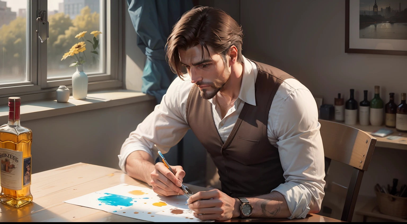 Create an image of a tall handsome man quietly painting a picture, holding the color palette for his left hand, behind the window on the table gouche, acrylic painting bottle,  vodka bottle