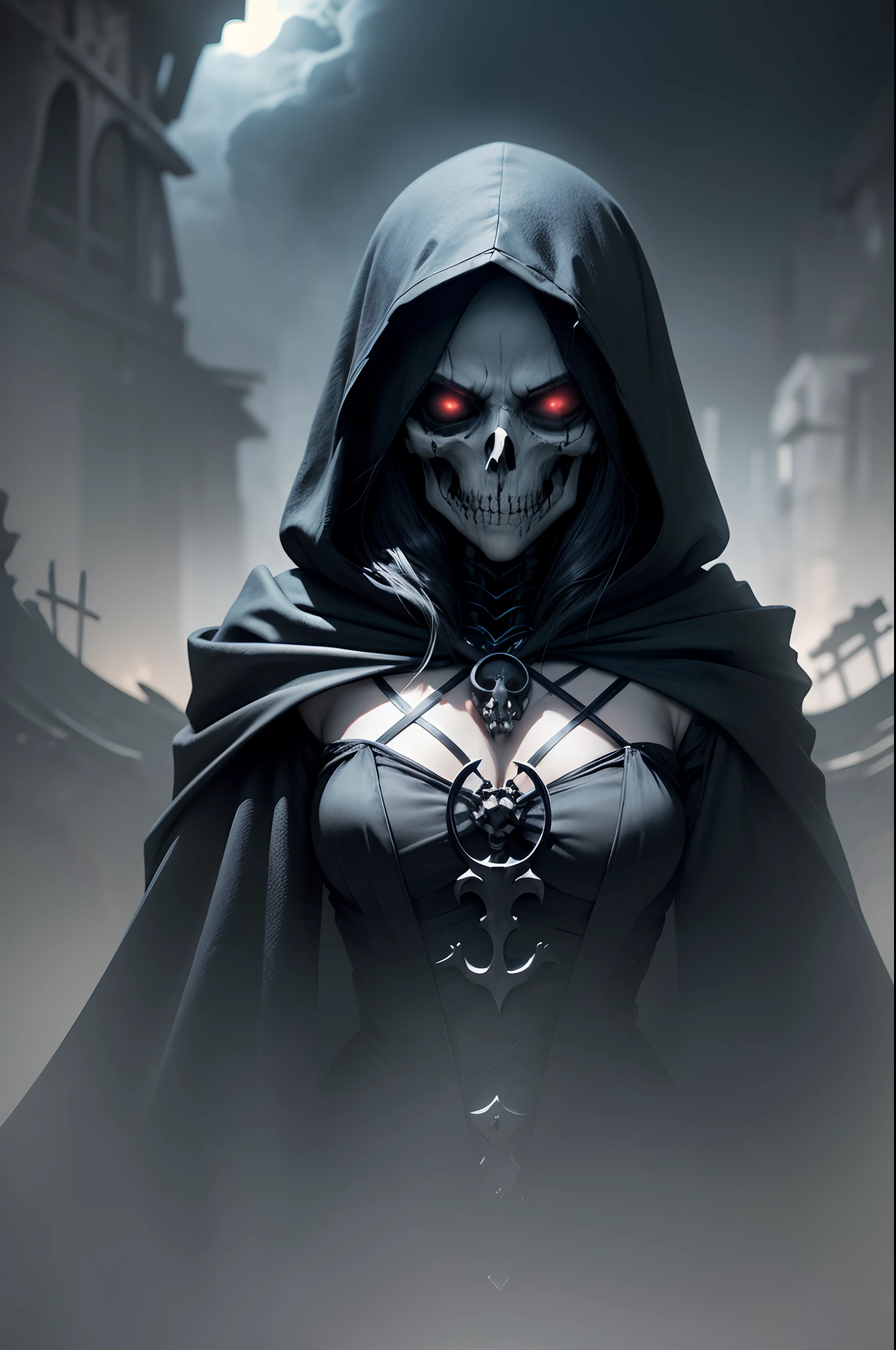 Create a frighteningly detailed and realistic depiction of the hooded figure of Death. The scene is expected to feature a black silhouette with a skull on a face and a skeletal hand holding a menacing sickle. Esta figura sinistra deve ter como pano de fundo uma noite nebulosa iluminada pela luz fria da lua. A imagem deve exalar uma atmosfera sinistra e arrepiante. Use Octane rendering to capture realistic textures and lighting. The resolution should be an impressive 8K, ensuring extraordinary clarity and precision in portraying the sinister aspect of Death.