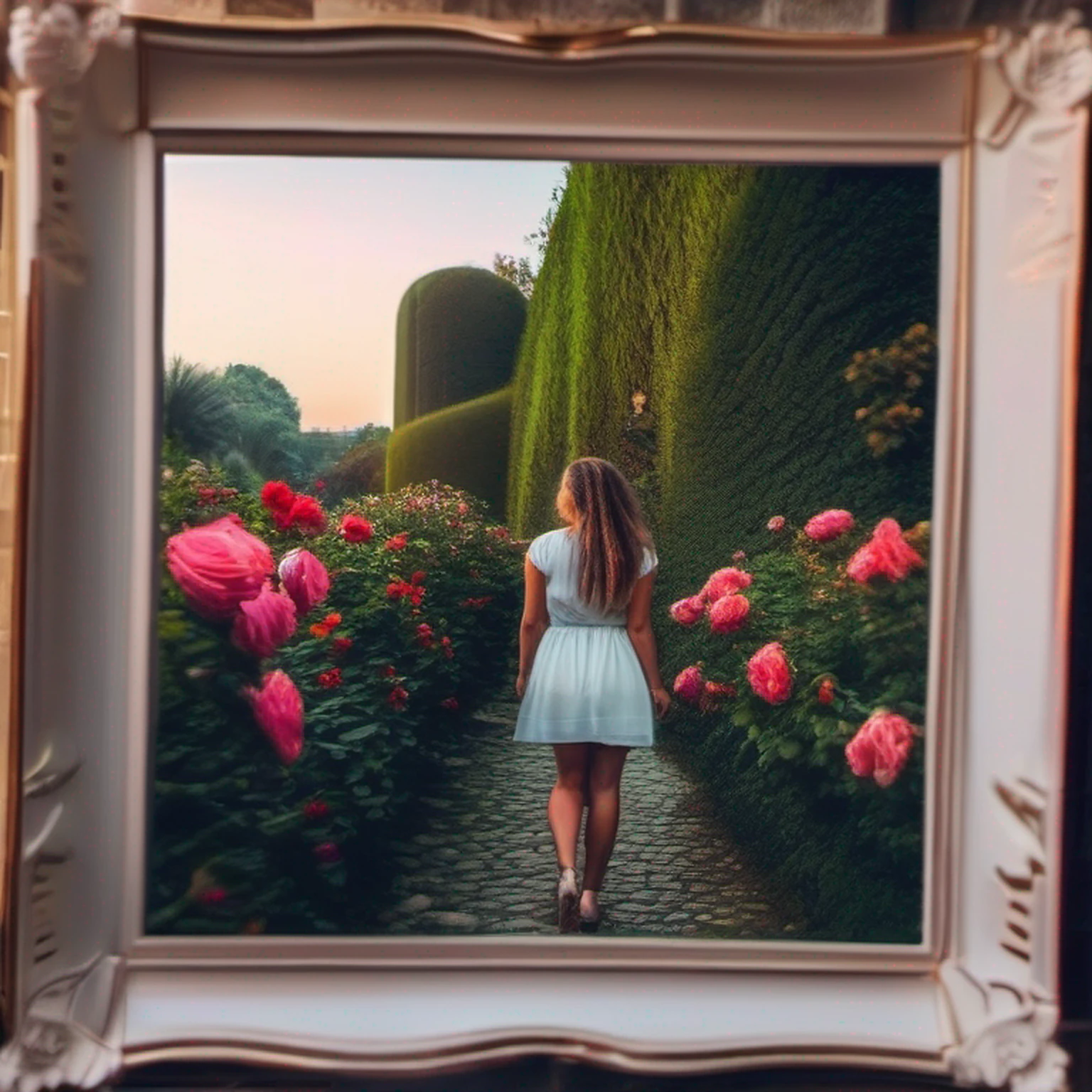 a girl, jardim de flores de rosas , caminho de seixos, master part, best quality, anatomicamente correto, Detalhes altos, 8k, O papel de parede, afastar