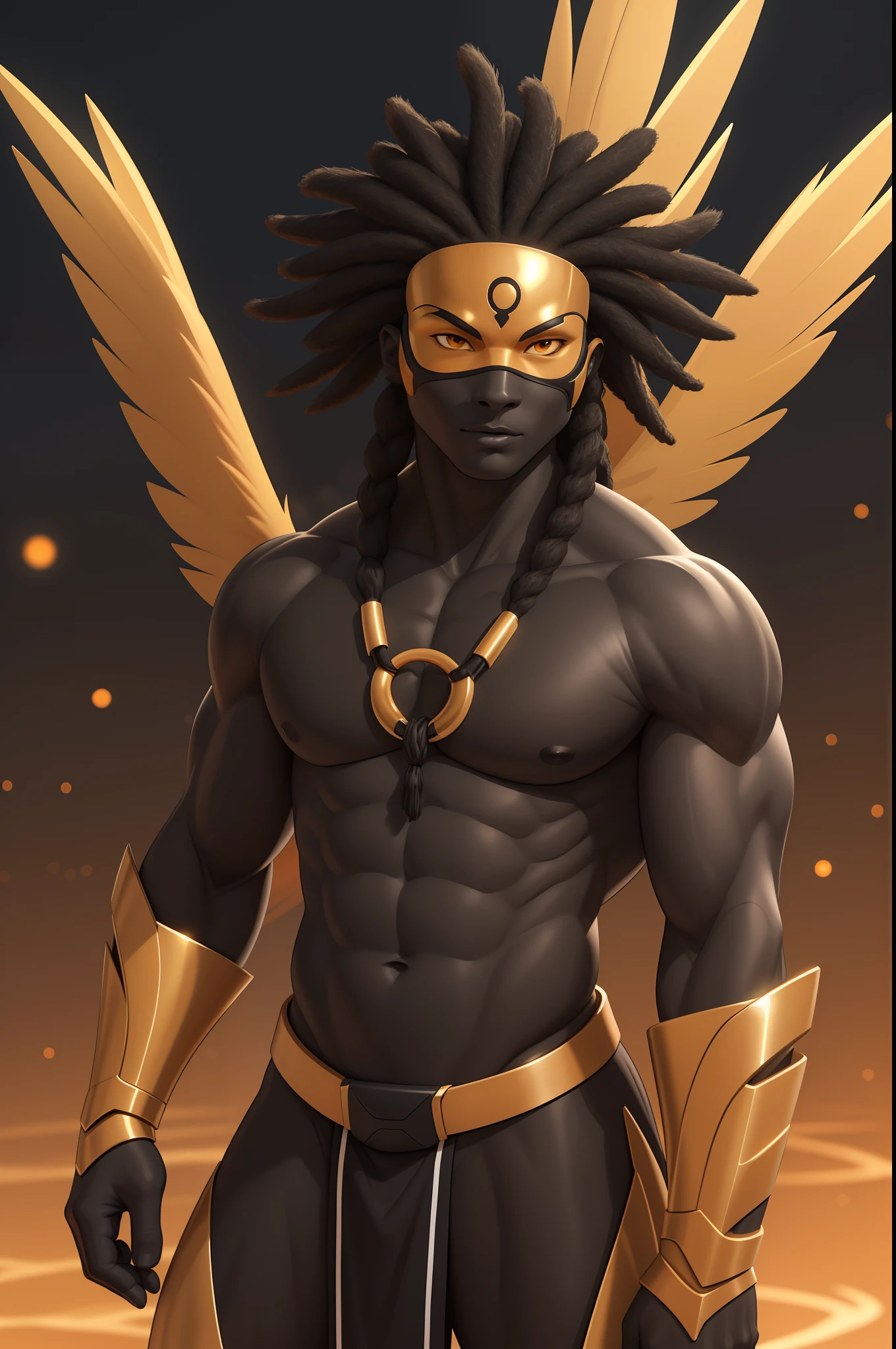 Create an image of a black ninja after an apocalypse in the future, afro cabelo caindo para frente, Rasta type but braided,tiro de corpo inteiro, tiro de corpo inteiro, vestindo um traje indiano ,African Tribule Biomechanical creature in humanoid form, A realistic 4K phoenix with orange feathers, with a serious expression and looking forward, corpo inteiro. com pele opalescente e escamas, master part, absolutamente perfeito, imagem impressionante, visualmente rico, intrinsecamente detalhado, arte conceitual, por Mschiffer, Bright holographic, cinemactic, papel de parede uhd, ......3d, octan render, Volumetric lights, corpo inteiro