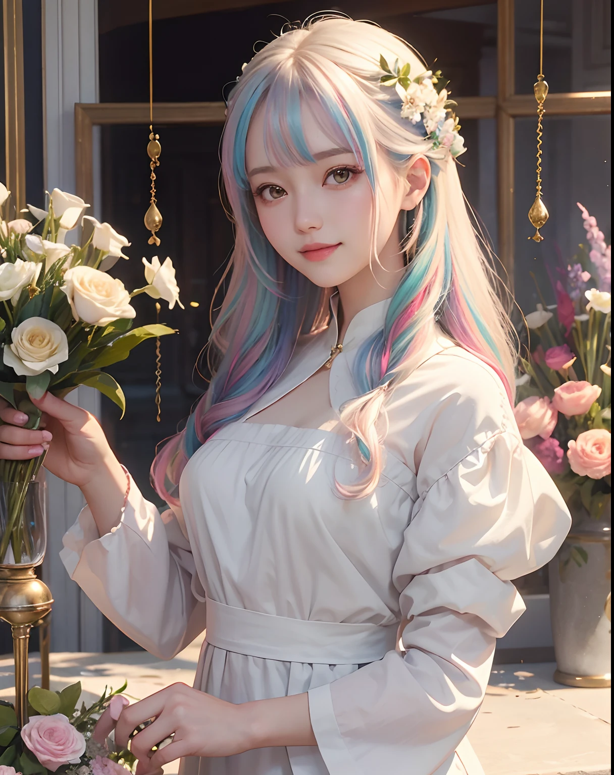 masutepiece、hight resolution、Florist clerk、30-year-old girl、1Girl clerk、Looking at the camera、smil、Finish as shown in the photo、Flowers and girls、the skin is white and beautiful、Hair is long and beautiful、inner colored、Hair should be tied back、A slender