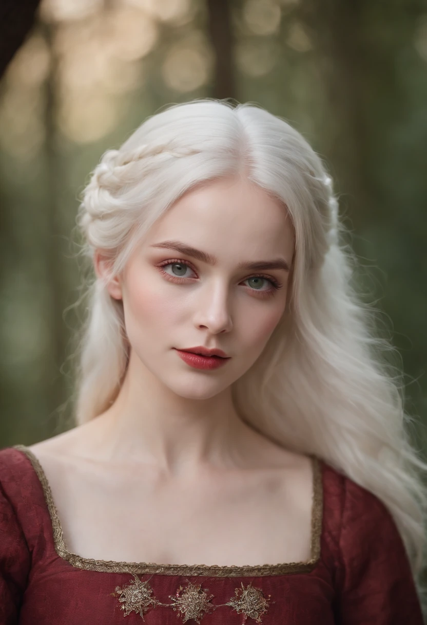 (((A deep, reddish wound across her left cheek))) fair skin, A woman about 19 years old, Natural white hair, Distinctive green eyes, Wear kohl, Slender and graceful, A beautiful, Candlelight in a medieval environment, Ultra-sharp focus, Realistic Snapshot, Medieval women's clothing, Quad colors (scar:1.4)