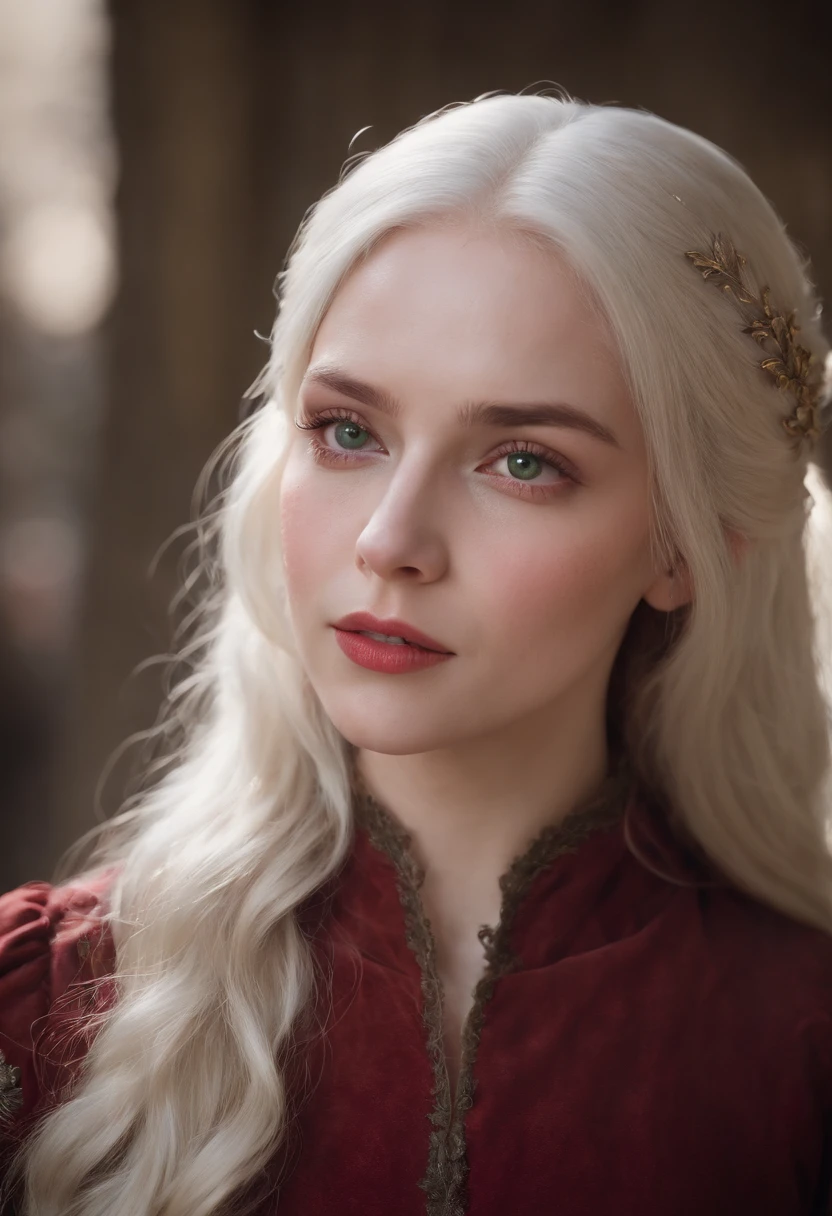 (((A deep, reddish wound across her left cheek))) fair skin, A woman about 19 years old, Natural white hair, Distinctive green eyes, Wear kohl, Slender and graceful, A beautiful, Candlelight in a medieval environment, Ultra-sharp focus, Realistic Snapshot, Medieval women's clothing, Quad colors (scar:1.4)