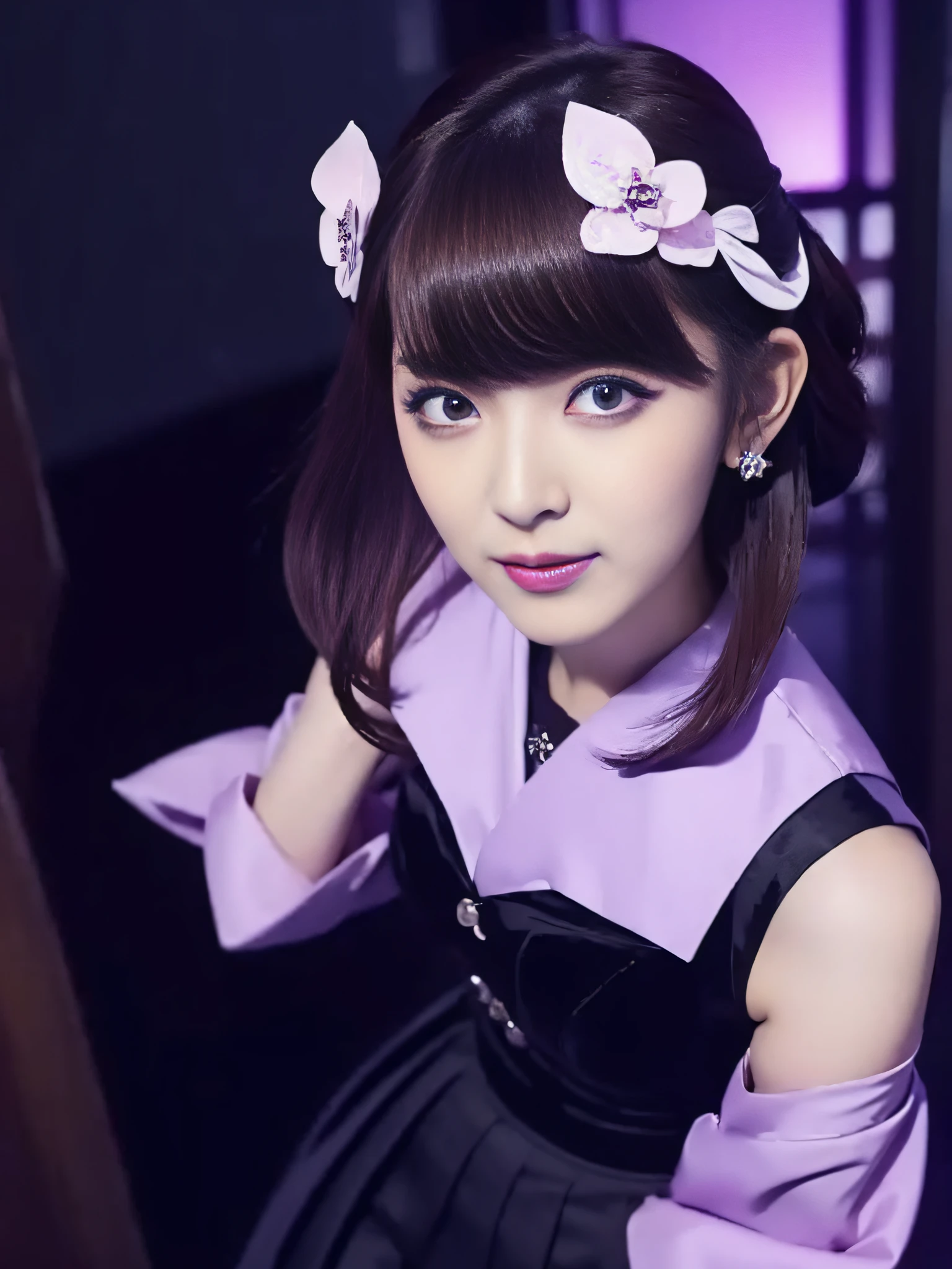 Charming Japanese style beauty、Brown hair、Evil Female Executive、Night city、Move ki、The Darkness、seductiv、brainwash、Retrofit equipment、Evil Fall、wicked、darkness、Purple Eyeshadow、black pantyhose、Evil Bride、Black pleated skirt、Dark