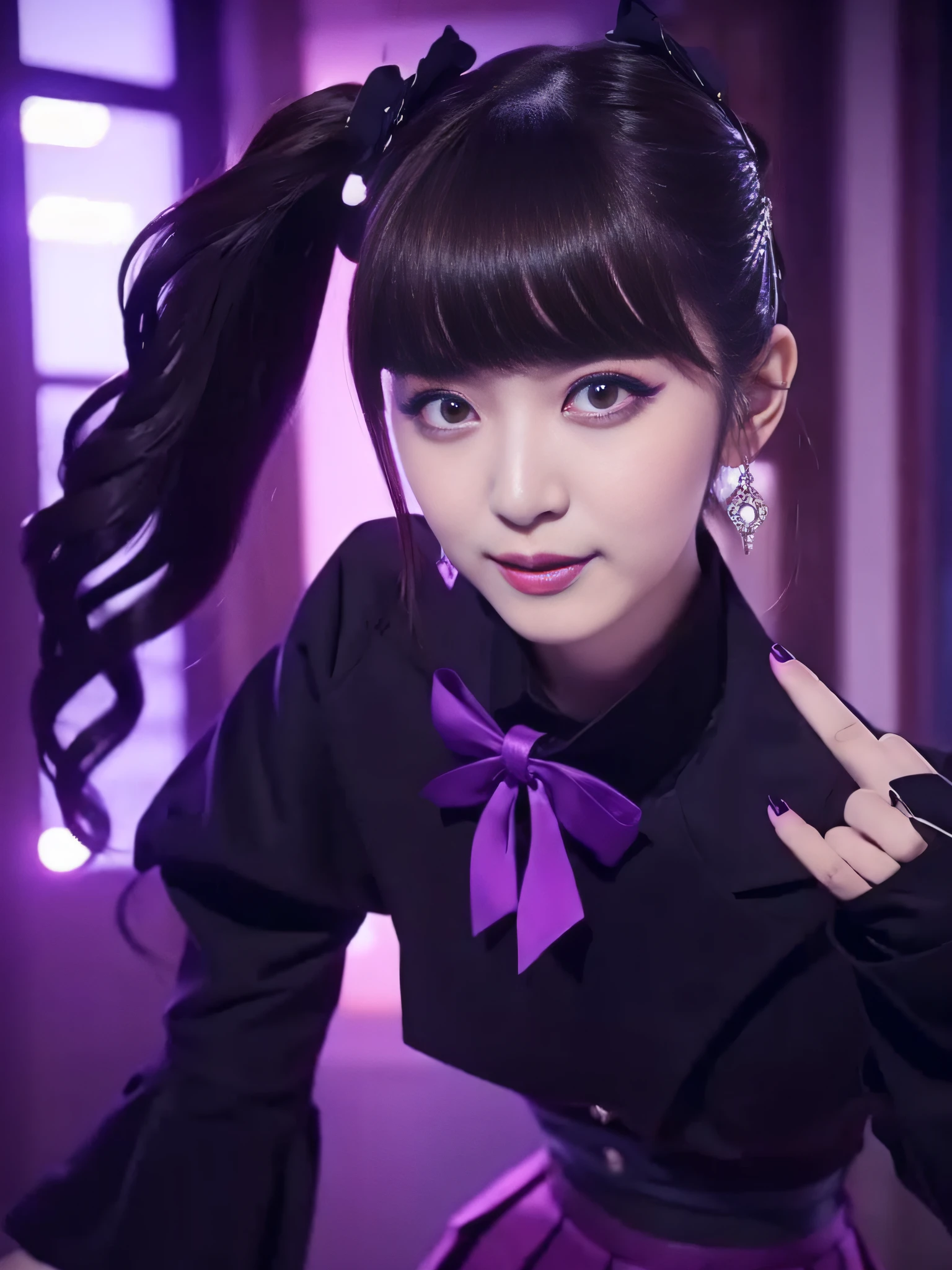 Charming Japanese style beauty、Brown hair、Evil Female Executive、Night city、Move ki、The Darkness、seductiv、brainwash、Retrofit equipment、Evil Fall、wicked、darkness、Purple Eyeshadow、black pantyhose、Evil Bride、Black pleated skirt、Dark
