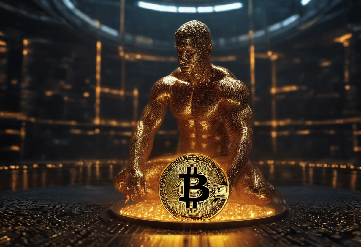 A human body made entirely of his digital Bitcoin work, high threshold for detail, high performance model, strong lighting, accurate and realistic shades, realistic texture and texture details, multi-digital color overlap, shiny glow, attractive and dazzling phenomenon, realistic gestures and kinetic details.