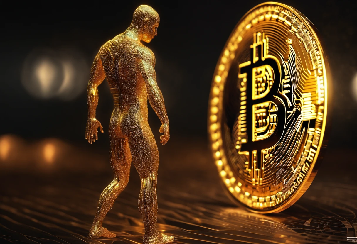 A human body made entirely of his digital Bitcoin work, high threshold for detail, high performance model, strong lighting, accurate and realistic shades, realistic texture and texture details, multi-digital color overlap, shiny glow, attractive and dazzling phenomenon, realistic gestures and kinetic details.