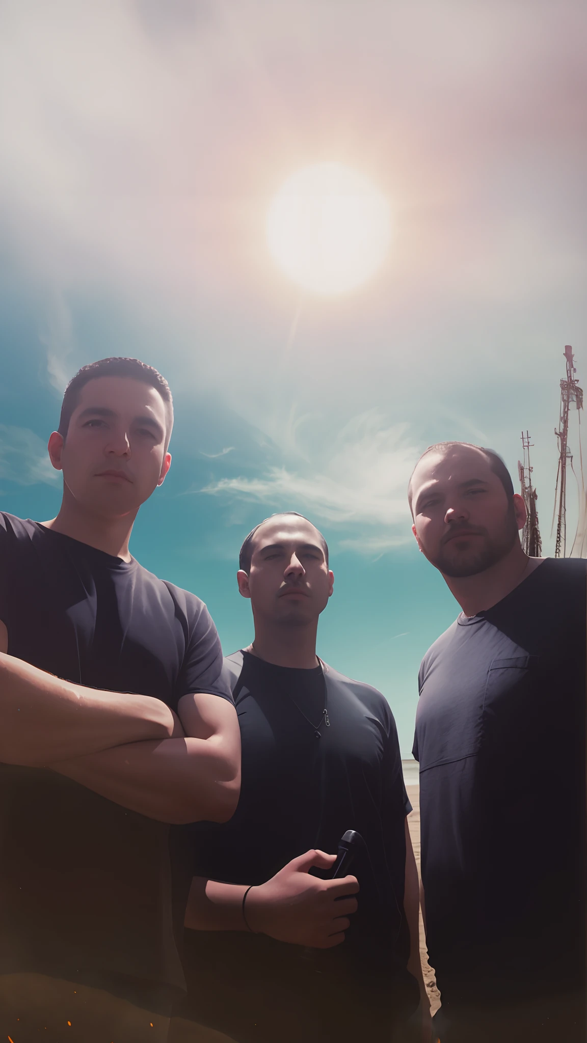 three men standing in front of a beach with a sun in the background, band promo photo, proto - metal band promo, promotional shot, band promo, enigmatic!!, portrait image, heavy rock band promo photo, photo from a promo shoot, band name is tripmachine, explosions in background, photo portrait, standing near the beach, explosions in the background
