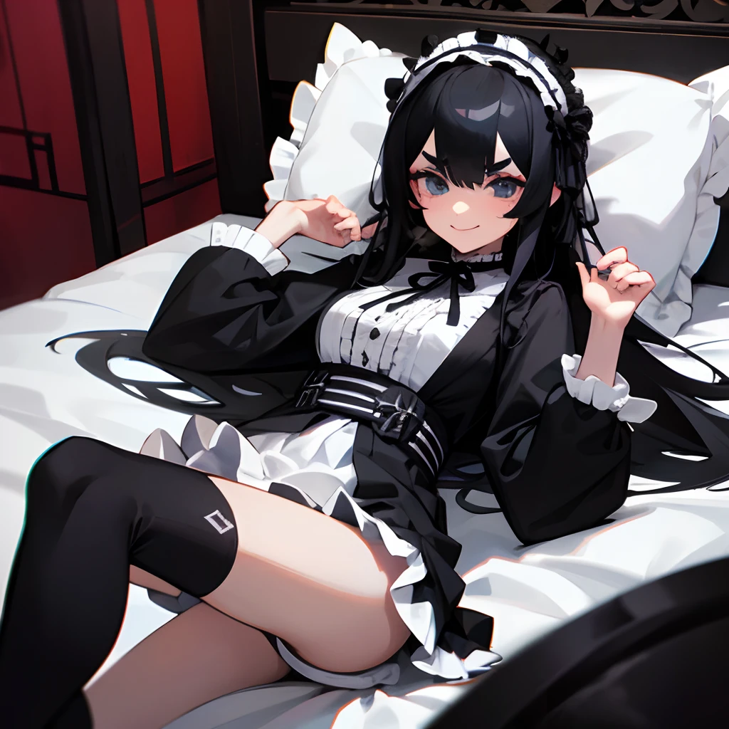 1 woman, Cool, masculine, Cross-dressing, Gothic clothes, Gothic, Onepiece, knee high socks, Black socks, Skirt, Black clothes, white frills, Black hair, Long hair, Thick eyebrows, Sake, Head dress, Black lips , lots of ruffles、A smile、alcohol、Japan liquor bottle, large black ribbon behind the ears,,,,lying on the bed