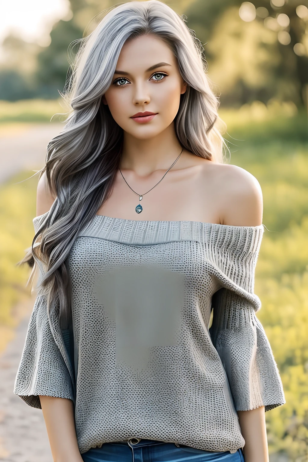 1girl in, age30, Solo, Long hair, Looking at Viewer, gray hair, Bare shoulders, green eyes, jewely, Full body, a necklace, off shoulders, Sweaters, Realistic, A sexy