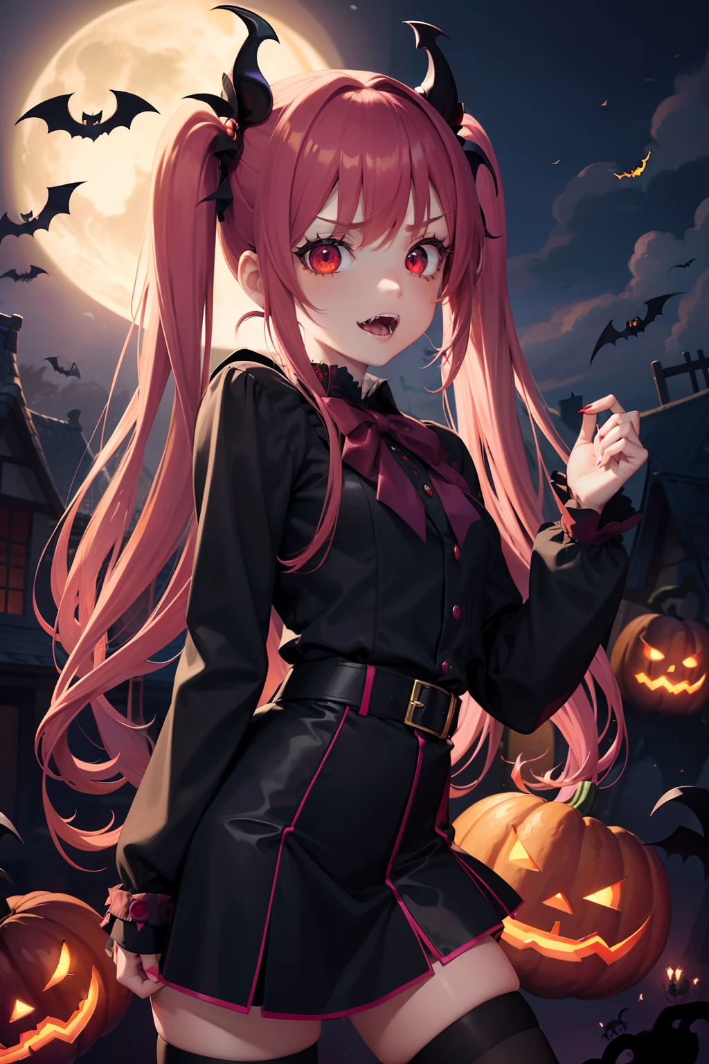 Halloween , Vampire、a cool、a miniskirt, long hair with pink twin tails,,,,,,,,,,,,,,,,,, Looking at the viewer, Front view,Halloween Vampire Costumes、Sharp fangs、Red Eyes、Blood from the mouth、the bats、Vampire House、Pumpkin Obake、Obake