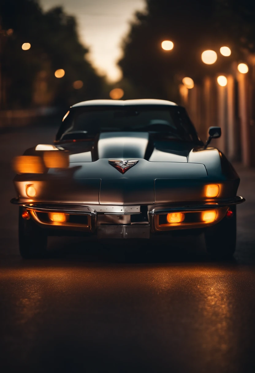 a realistic corvette old in road color candy, radial blur background