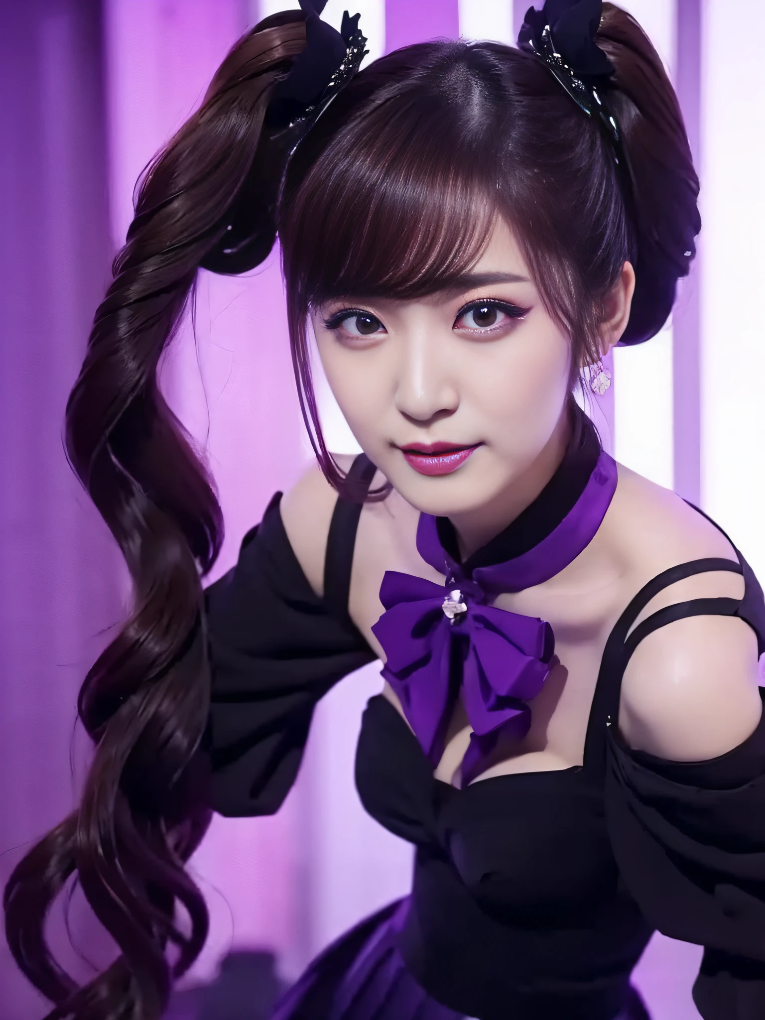 Charming Japanese style beauty、Brown hair、Evil Female Executive、Night city、Move ki、The Darkness、seductiv、brainwash、Retrofit equipment、Evil Fall、wicked、darkness、Purple Eyeshadow、black pantyhose、Evil Bride、Black pleated skirt、Dark