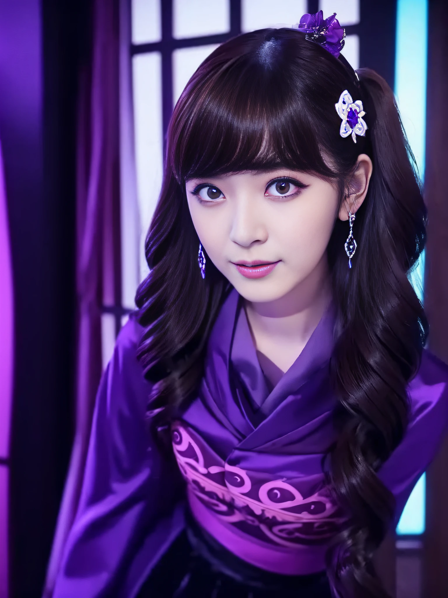 Charming Japanese style beauty、Brown hair、Evil Female Executive、Night city、Move ki、The Darkness、seductiv、brainwash、Retrofit equipment、Evil Fall、wicked、darkness、Purple Eyeshadow、black pantyhose、Evil Bride、Black pleated skirt、Dark