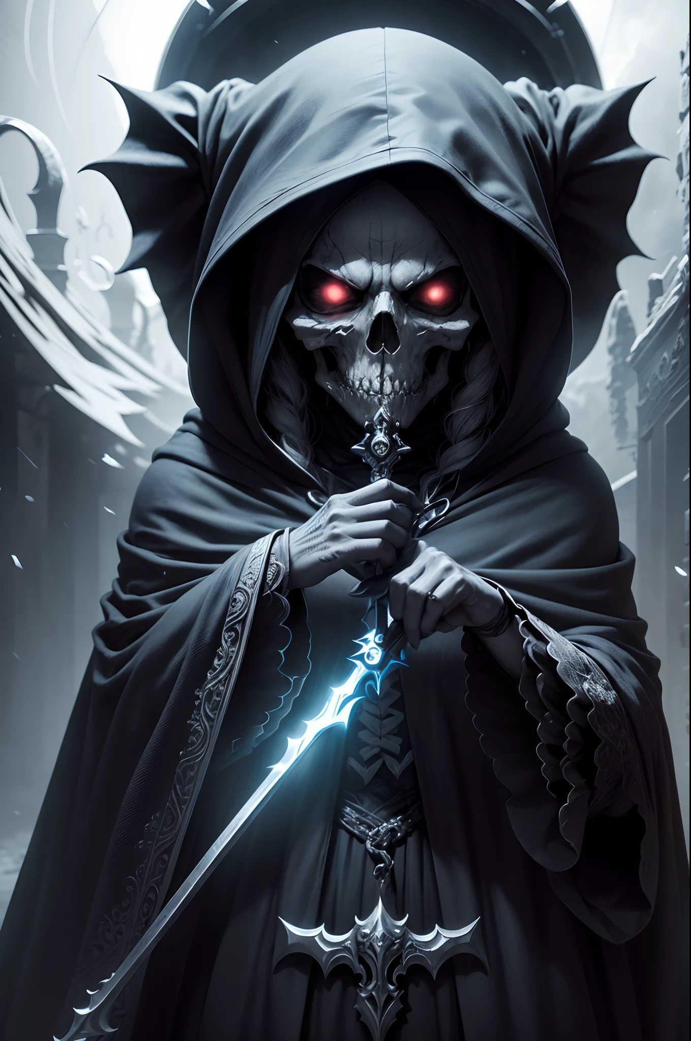 Create a frighteningly detailed and realistic depiction of the hooded figure of Death. The scene is expected to feature a black silhouette with a skull on a face and a skeletal hand holding a menacing sickle.(((estilo de pose pose with interaction and leaning on anything+object+on something+leaning against))). Esta figura sinistra deve ter como pano de fundo uma noite nebulosa iluminada pela luz fria da lua. A imagem deve exalar uma atmosfera sinistra e arrepiante. Use Octane rendering to capture realistic textures and lighting. The resolution should be an impressive 8K, ensuring extraordinary clarity and precision in portraying the sinister aspect of Death.