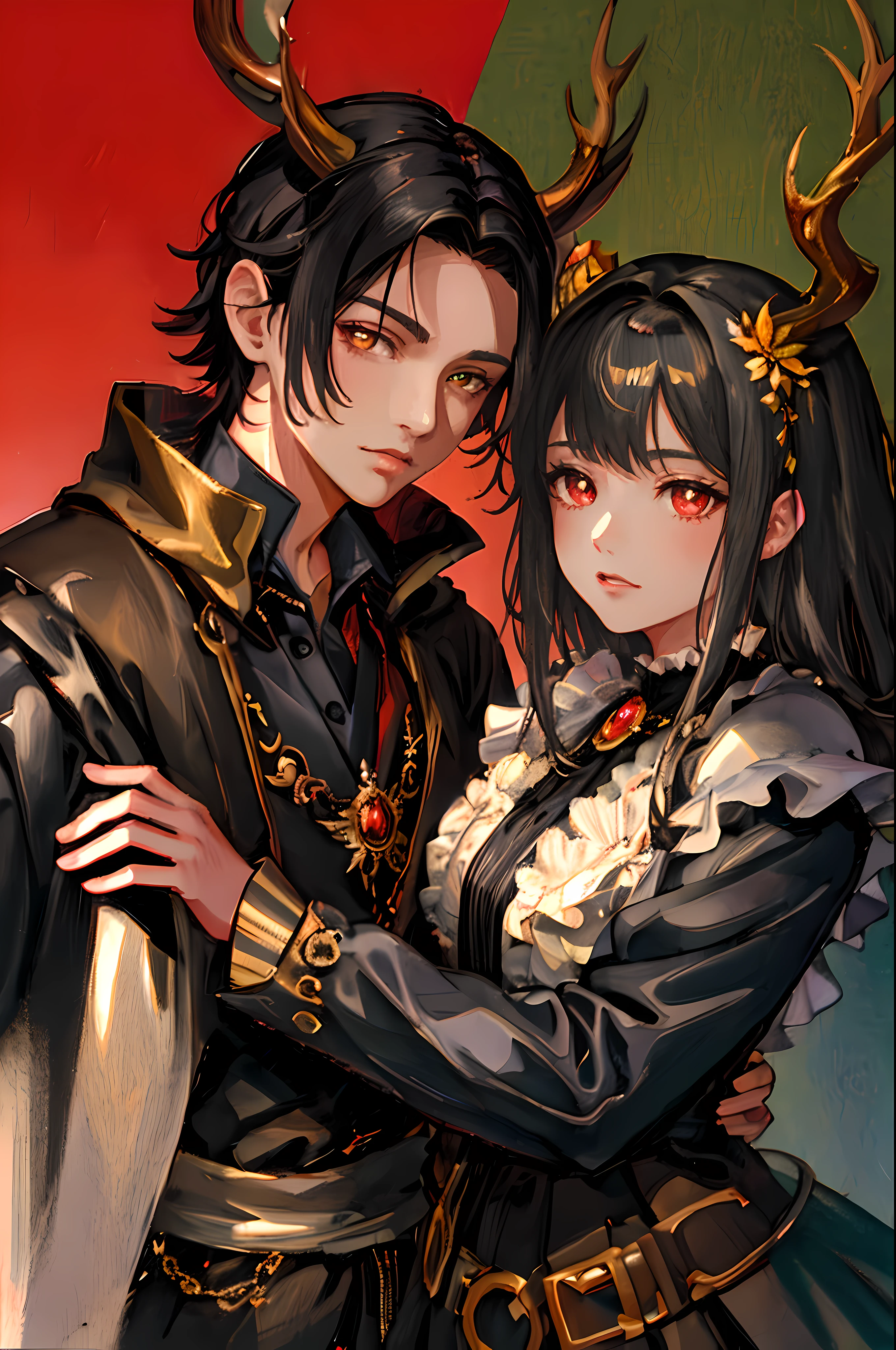 1Man and 1Girl with dark black hair with gray streaks, not very long. Calm expression. Approximately 5cm long deer-like horns protruding from their heads. Eyes with red pupils. Their skin is gray. Their physical condition is average, (anime face), They wear renaissance clothes: black jacket, Shadows detailed, beautiful, anime, night backgruond, dark fantasy, colors, two-dimensional, planar vector, character design, soft tetrad color, vector art, fantasy art, watercolor effect, Alphonse Mucha, Adobe Illustrator, Dark fantasy, hand-painted, digital painting, low polygon, soft lighting, aerial view, isometric style, retro aesthetics, focusing on people, 8K resolution, using Cinema 4D, warm and bright light, blond hair, big eyes, detailed face, 8k, perfect face, they are young adults, head and torso shot, medieval european attributes.