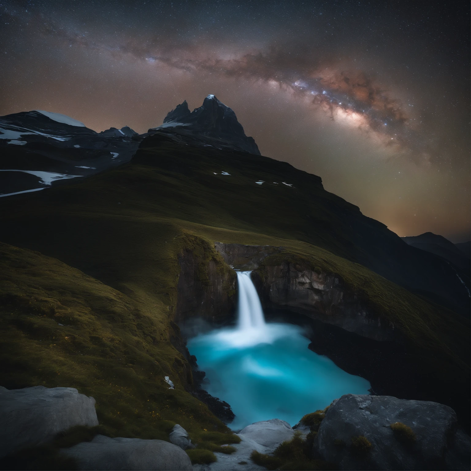 Master Parts、Superior Quality、superior image quality、The 8k quality、Beautiful pictures of the starry sky、magnifica、Arched Milky Way:1.9、Blue glacier、Aurora:1.9