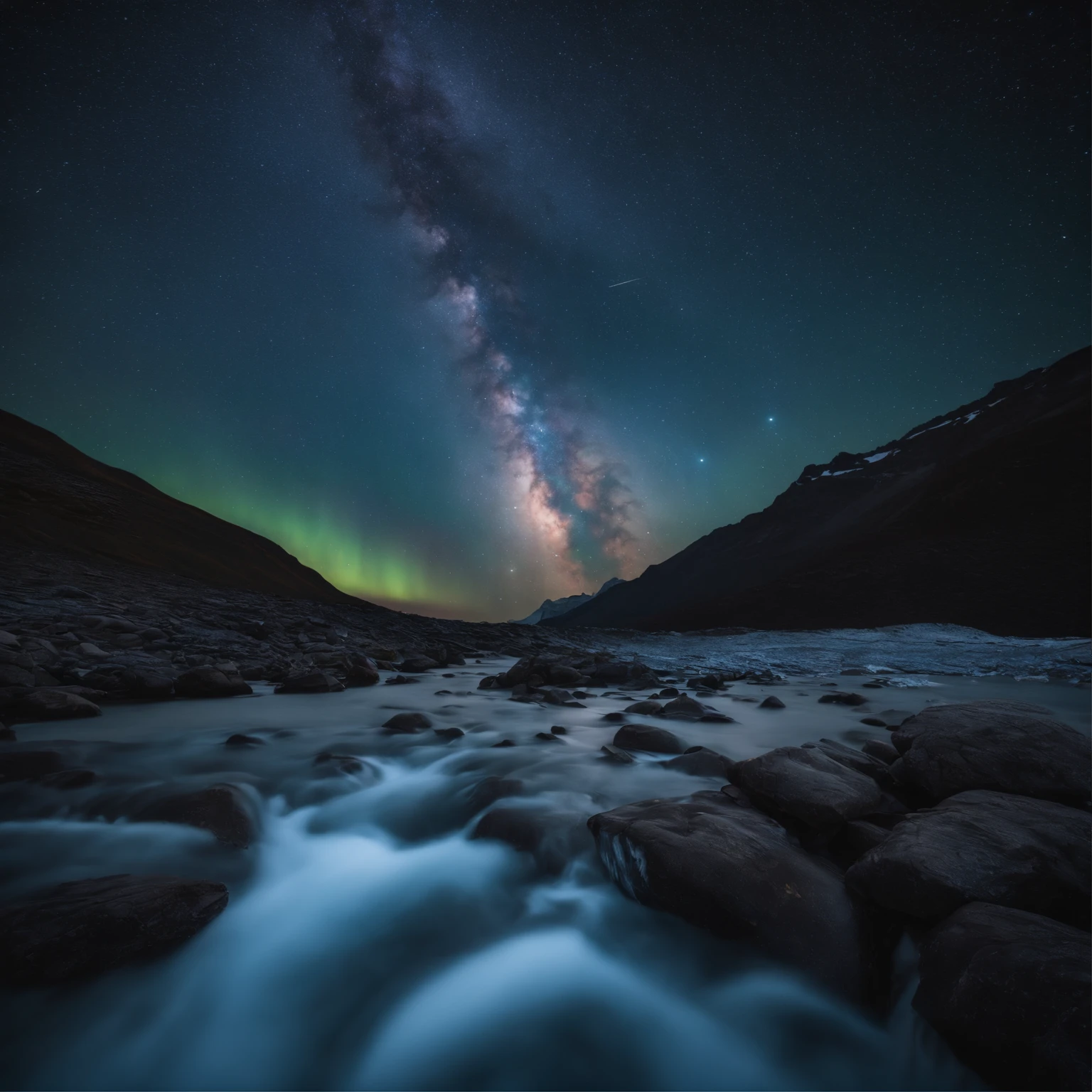 Master Parts、Superior Quality、superior image quality、The 8k quality、Beautiful pictures of the starry sky、magnifica、Arched Milky Way:1.9、Blue glacier、Aurora:1.9