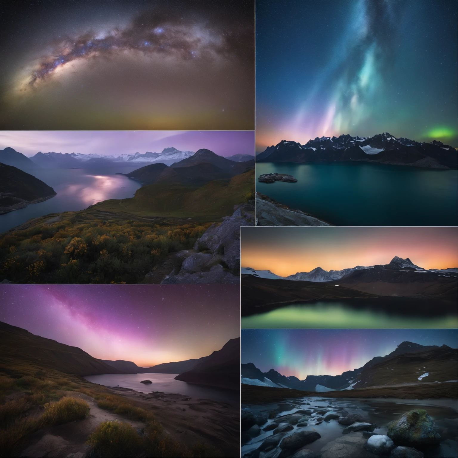 Master Parts、Superior Quality、superior image quality、The 8k quality、Beautiful pictures of the starry sky、magnifica、Arched Milky Way:1.9、Blue glacier、Aurora:1.9