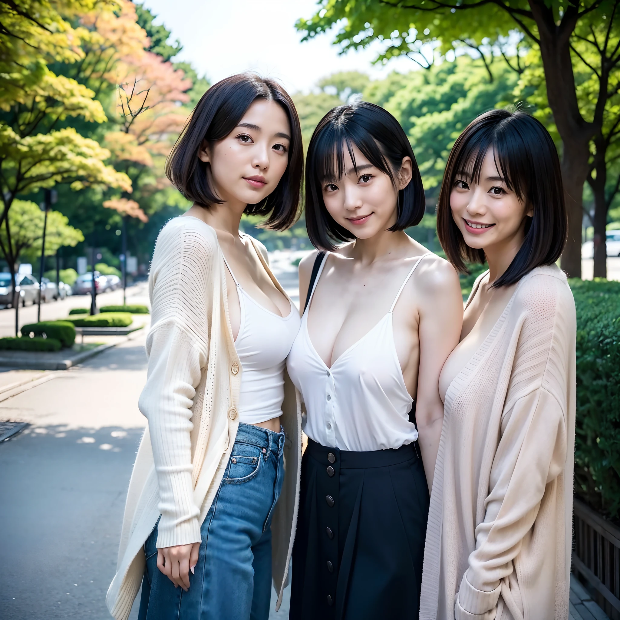 Two Japan women in park with beautiful view of Japan、27 year old small breast woman with loose fluffy long bob hair、One is a 31-year-old woman with small breasts and long bobs.....The two are having fun、small tits、Small、discreet breasts、Naked and wearing a cardigan、street snap、Adult personal clothes、Looking here、