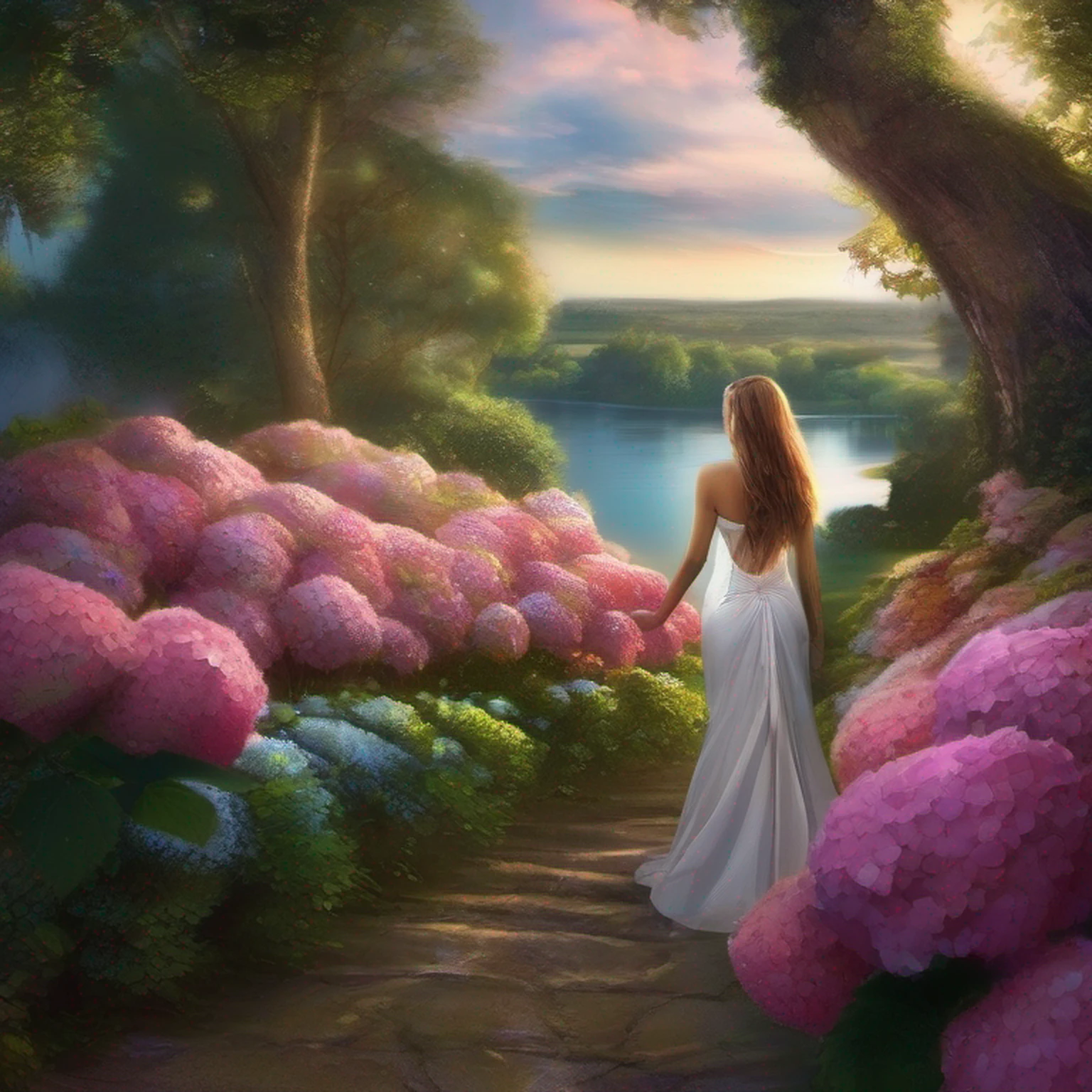 hydrangeas, parque, lago, pequenas colinas, caminho de seixos, 1 beautiful girl with long hair, master part, melhor qualidade, anatomicamente correto, Detalhes altos, 8k, O papel de parede