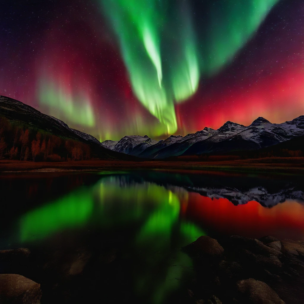 Master Parts、Superior Quality、superior image quality、The 8k quality、Beautiful pictures of the starry sky、magnifica、Arched Milky Way:1.25、Blue glacier、(Red and green aurora borealis:1.9)