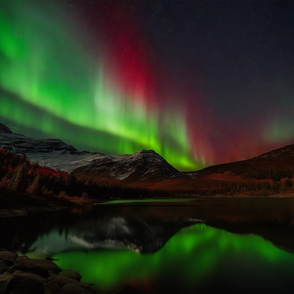 Master Parts、Superior Quality、superior image quality、The 8k quality、Beautiful pictures of the starry sky、magnifica、Arched Milky Way:1.25、Blue glacier、(Red and green aurora borealis:1.9)