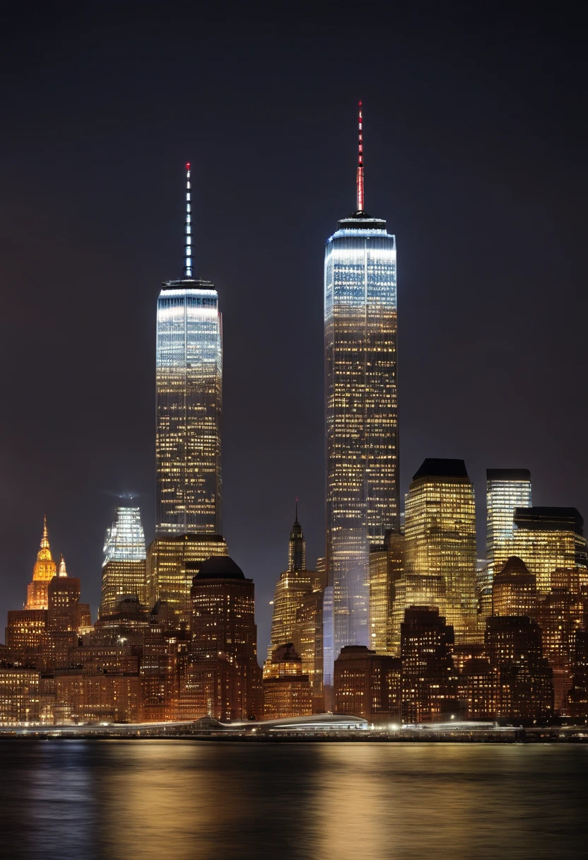 Use artificial intelligence to create a detailed image of the World Trade Center's iconic Twin Towers as they appeared before the events of September 11, 2001. The image should capture the grandeur and symmetry of the towers, with attention to architectural details such as the windows, the facades and the characteristic lighting. Convey the grandeur and historical importance of these towers as symbols of New York and world commerce.”