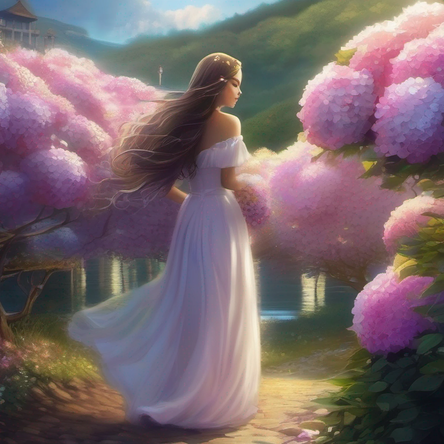 hydrangeas, parque, lago, pequenas colinas, caminho de seixos, 1 beautiful girl with long hair, master part, melhor qualidade, anatomicamente correto, Detalhes altos, 8k, O papel de parede