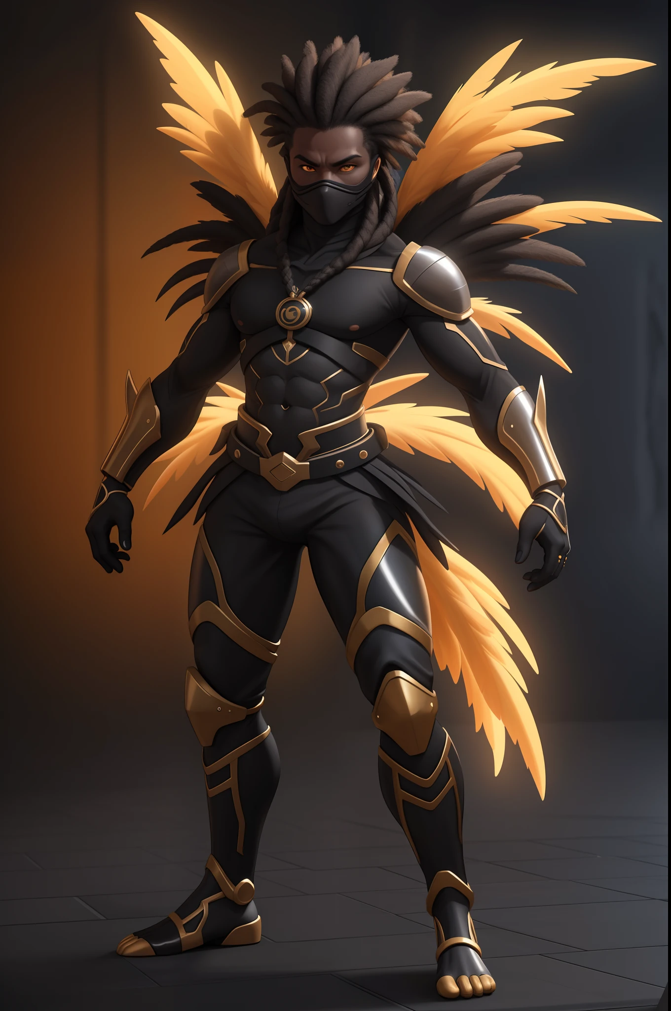 Create an image of a black ninja after an apocalypse in the future, afro cabelo caindo para frente, Rasta type but braided,tiro de corpo inteiro, tiro de corpo inteiro, vestindo um traje indiano ,African Tribule Biomechanical creature in humanoid form, A realistic 4K phoenix with orange feathers, with a serious expression and looking forward, corpo inteiro. com pele opalescente e escamas, master part, absolutamente perfeito, imagem impressionante, visualmente rico, intrinsecamente detalhado, arte conceitual, por Mschiffer, Bright holographic, cinemactic, papel de parede uhd, ......3d, octan render, Volumetric lights, corpo inteiro